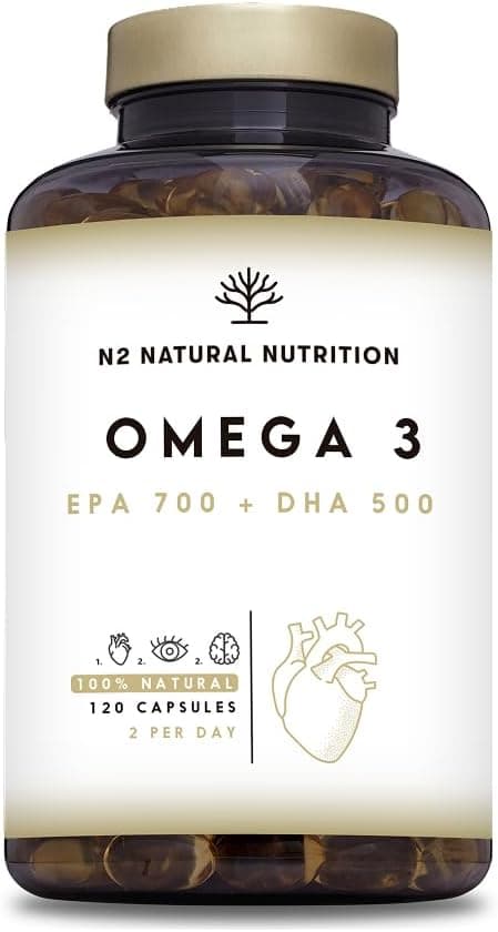 N2 Natural Nutrition Omega 3 + Vitamina E 2000mg, 700mg EPA, 500mg DHA. Aceite de Pescado.Regula el Colesterol, Favorece la Vista, Corazón y Cerebro Saludables. 120 Cápsulas