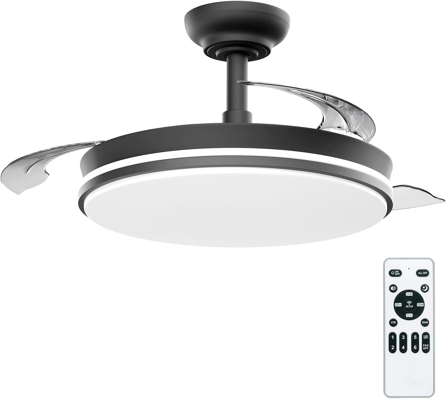 LEDUNI Ventilador con Luz LED 72w 7590LM con mando a distancia, Motor DC temporizador, 6 velocidades, aspas retráctiles, 3 temperaturas de luz, función verano-invierno Silencioso (Negro)
