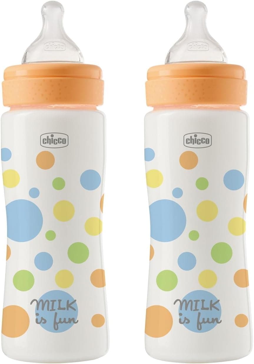 Chicco Set 2 Biberones Anticolicos Perfect Easy Fast Flow 330 ml, Biberón Bebé Chicco, Biberones Anticólicos con Válvula Anticólico, Pack Ahorro Bebe Niño 4 Meses+