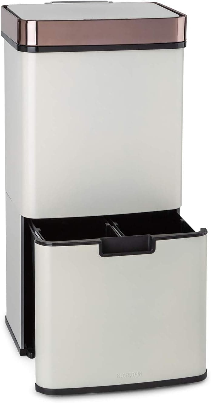 KLARSTEIN Royal Trash cubo de basura con sensor, 72 L en 4 compartimentos, residuos y reciclaje: 43 & 2 x 12,5 L, cubo bio con tapa: 4 L, apertura y cierre automáticos, oro rosa