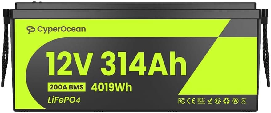 Batería LiFePO4 12V 314Ah de CyperOcean,Batería Solar de Ciclo Profundo con BMS Inteligente de 200A, Ideal para Sistemas Off-Grid, RV y Energía Residencial (4019Wh, Celdas EV Grado A)