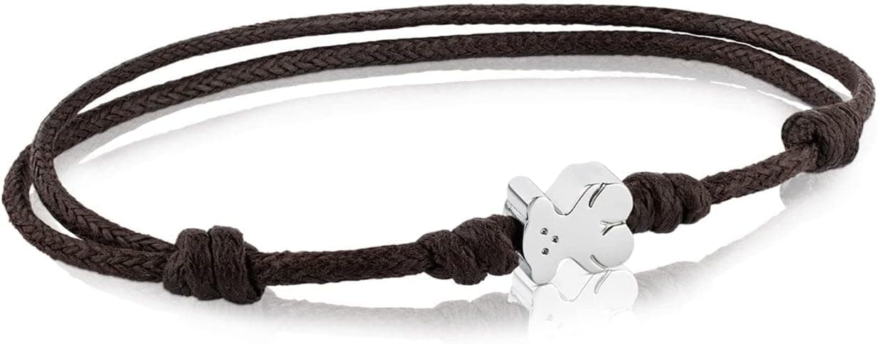 TOUS Pulsera de Cordón Marrón Ajustable y Acero para Mujer con Motivo Oso, Joven e Informal, Colección Super Micro