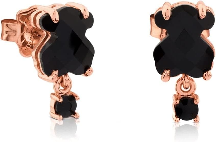 TOUS Pendientes con Baño de Oro 18Kt sobre Plata para Mujer con Motivo Oso 0,9 cm Onix y Perla Cultivada Espinela, Fino y Elegante, Colección Erma
