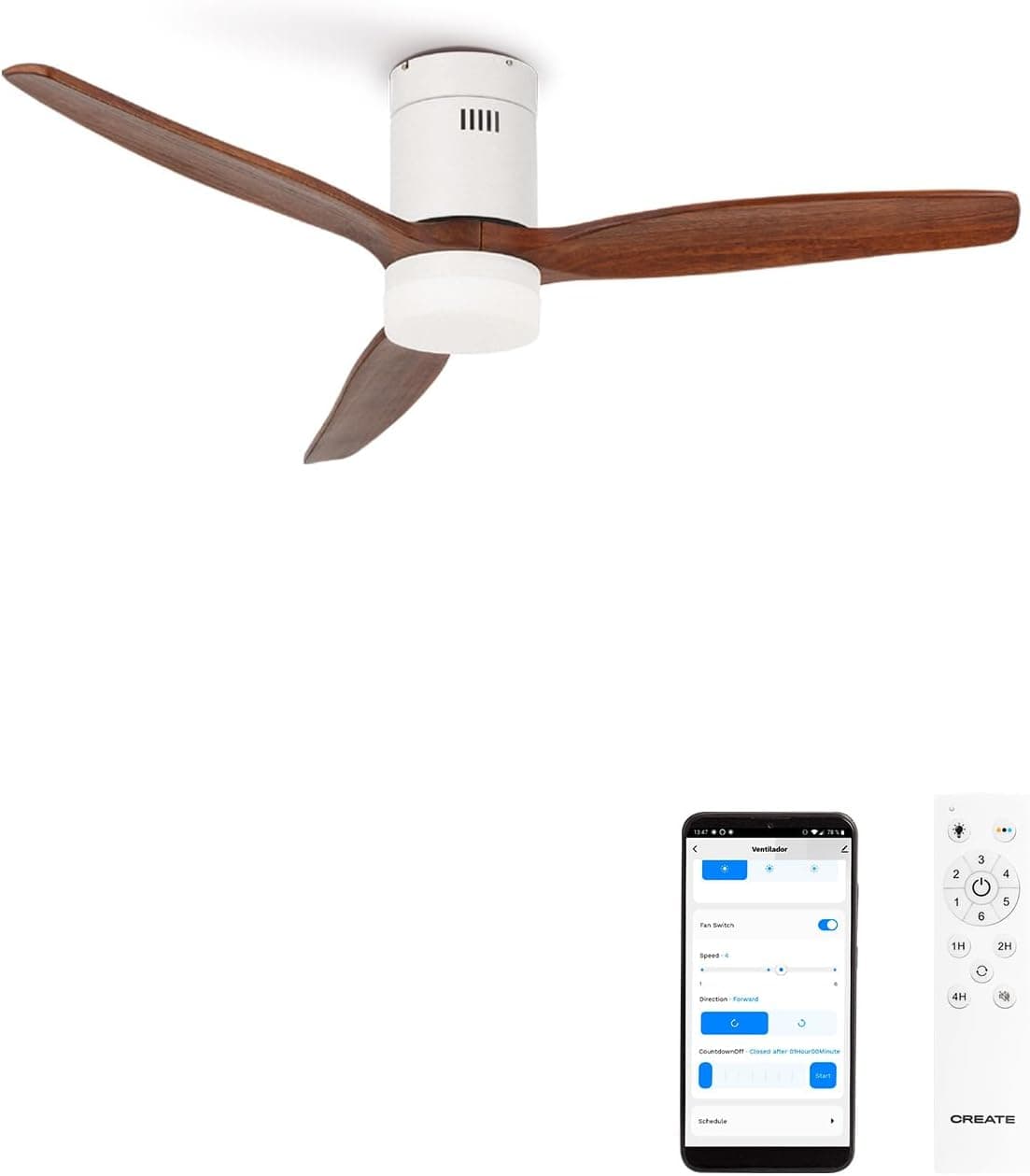 CREATE / WINDCALM/Ventilador de techo ABS con luz blanco aspas efecto madera oscura con Wifi y mando / 40W, Silencioso, Ø132 cm, 3 temperaturas de luz, temporizador, función verano-invierno