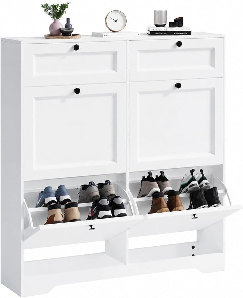 Xbro Zapatero Entrada Recibidor, Mueble Zapatero de Madera 4 Abatibles y 2 Cajones,10 Pares de Zapatos, Zapatero para Pasillo y Salón, Medidas 95×25×102cm Blanco