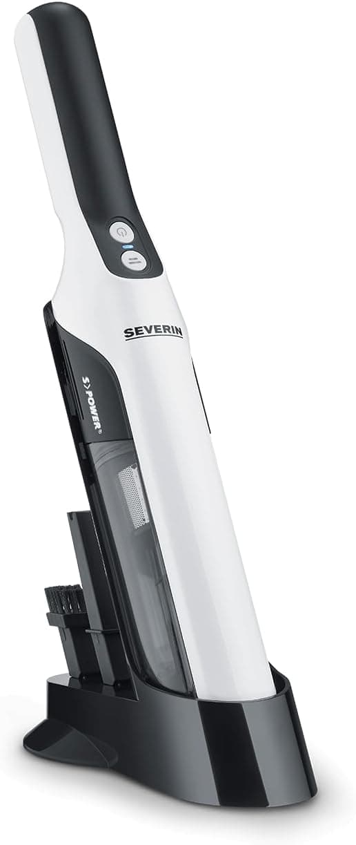 SEVERIN Aspiradora de mano sin cable, aspirador silencioso para pelos con accesorio para muebles y teclados, aspirador pequeño con batería hasta 30 min, blanco/negro mate, HV 7140
