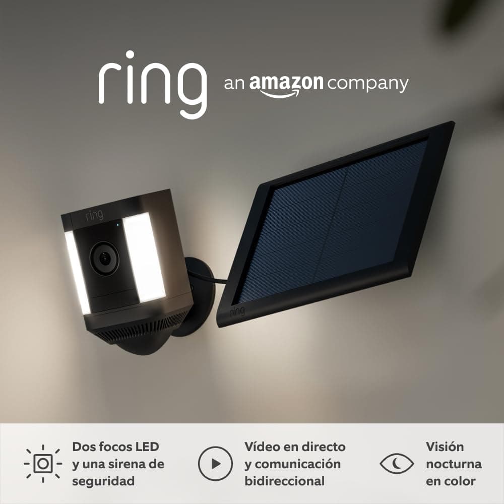 Ring cámara Plus con luces solar (Spotlight Cam Plus) | Cámara de vigilancia exterior wifi con vídeo HD 1080p, comunicación bidireccional, visión nocturna y focos LED | 30 días gratis de Ring Home