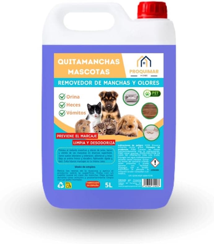 Limpiador Quitamanchas y Olores para Mascotas 5 Litros | Elimina Orina, Heces, Comida y Huellas | Evita Marcaje Repetido | Para Suelos, Alfombras y Tapicerías | Varios formatos