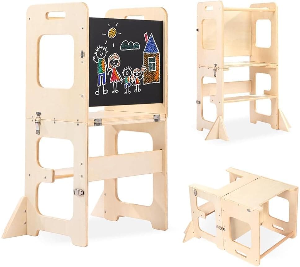 Labebe Montessori Torre per Bambini, 3 in 1 pieghevole Torre didattica, Scala Sgabello per Bambini con Lavagna, Montessori Legno torretta per utensili da cucina a partire da 1 Anno (Legno)