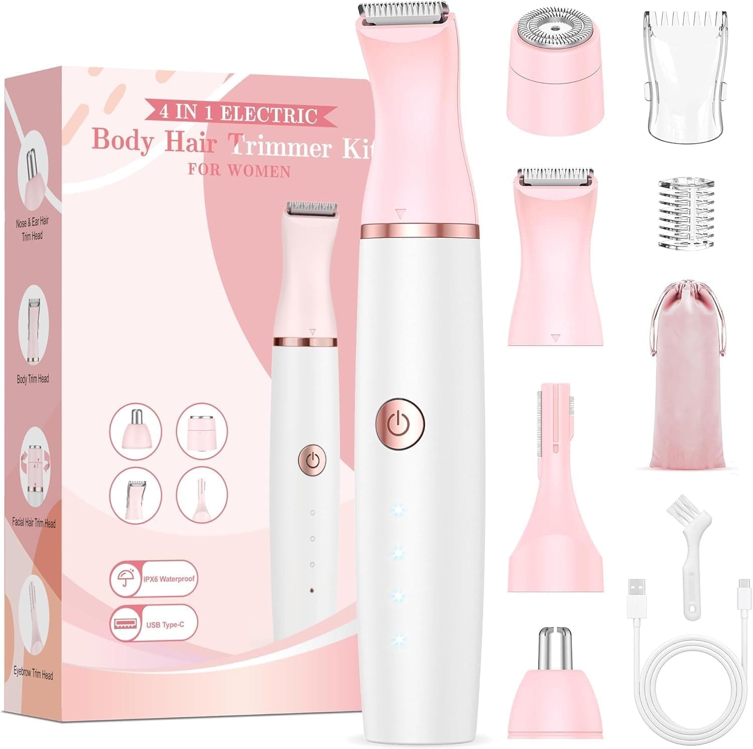 Rasuradora Mujer Zona Intima Afeitadora Mujer: 4 in 1 Recortadora Corporal Indoloro para Facial, Corporal, Pubis, Cejas, Nariz y Oreja Piernas y Axilas Uso en Seco y en Mojad Recargable