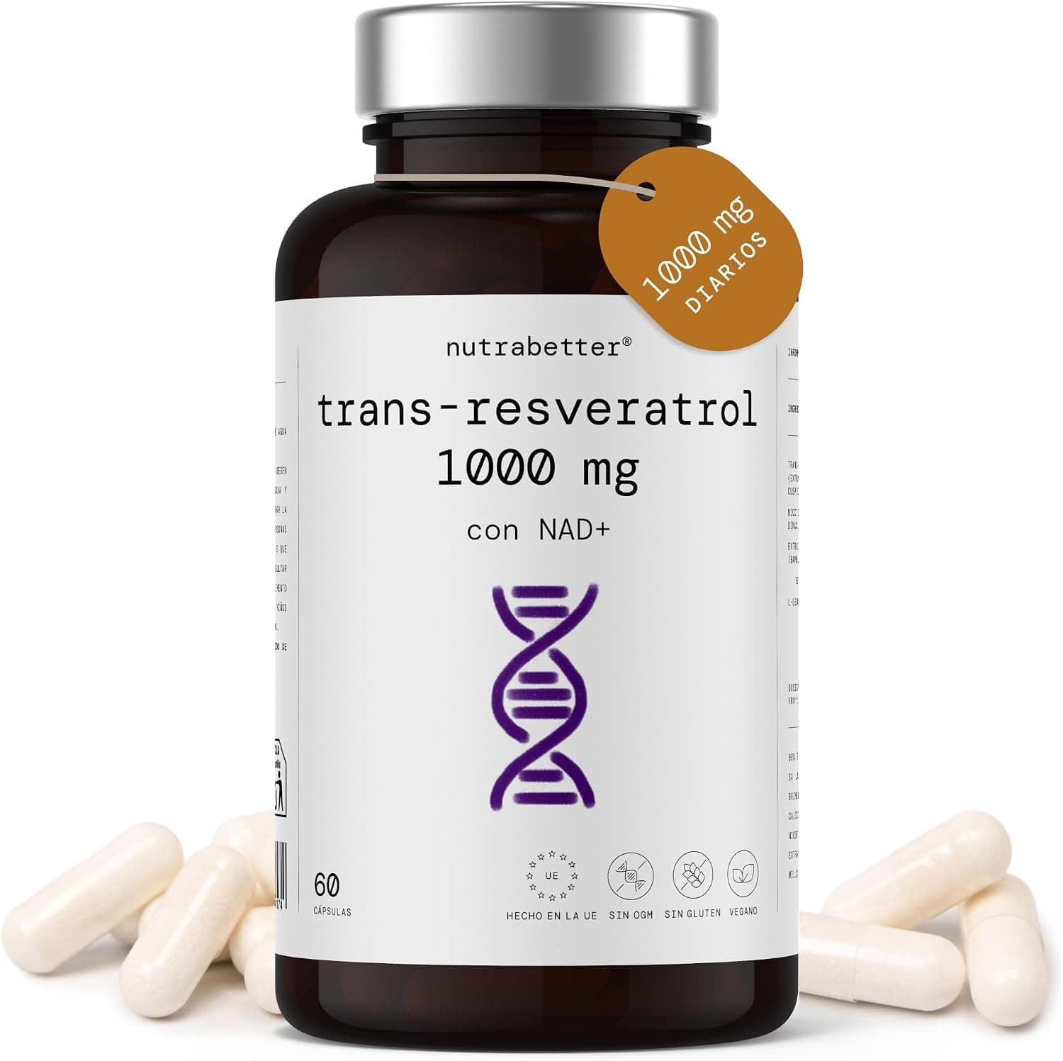 NAD Resveratrol puro 1000 mg | NAD Resveratol | NAD+ | Trans Resveratrol puro 1000 mg | Antiedad, Bienestar Cognitivo, Vitalidad Celular y Activador de Sirtuinas | 60 Cápsulas Veganas
