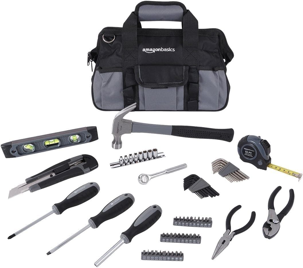 Amazon Basics Juego de herramientas básicas de reparación para el hogar, 65 unidades, con bolsa, plateado, negro