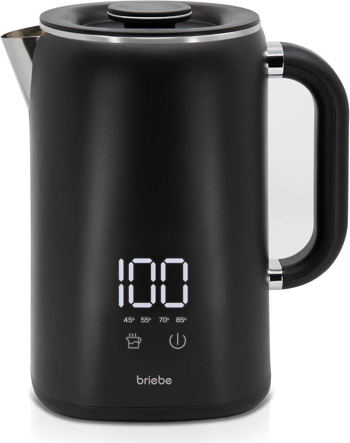 briebe eBoil Hervidor Agua Eléctrico 1,7L Regulador de Temperatura Digital 45°C a 100°C Función Keep Warm, 1500W, Interior Acero Inox, Libre de BPA, Base de 360°, Controlador Strix, Negro