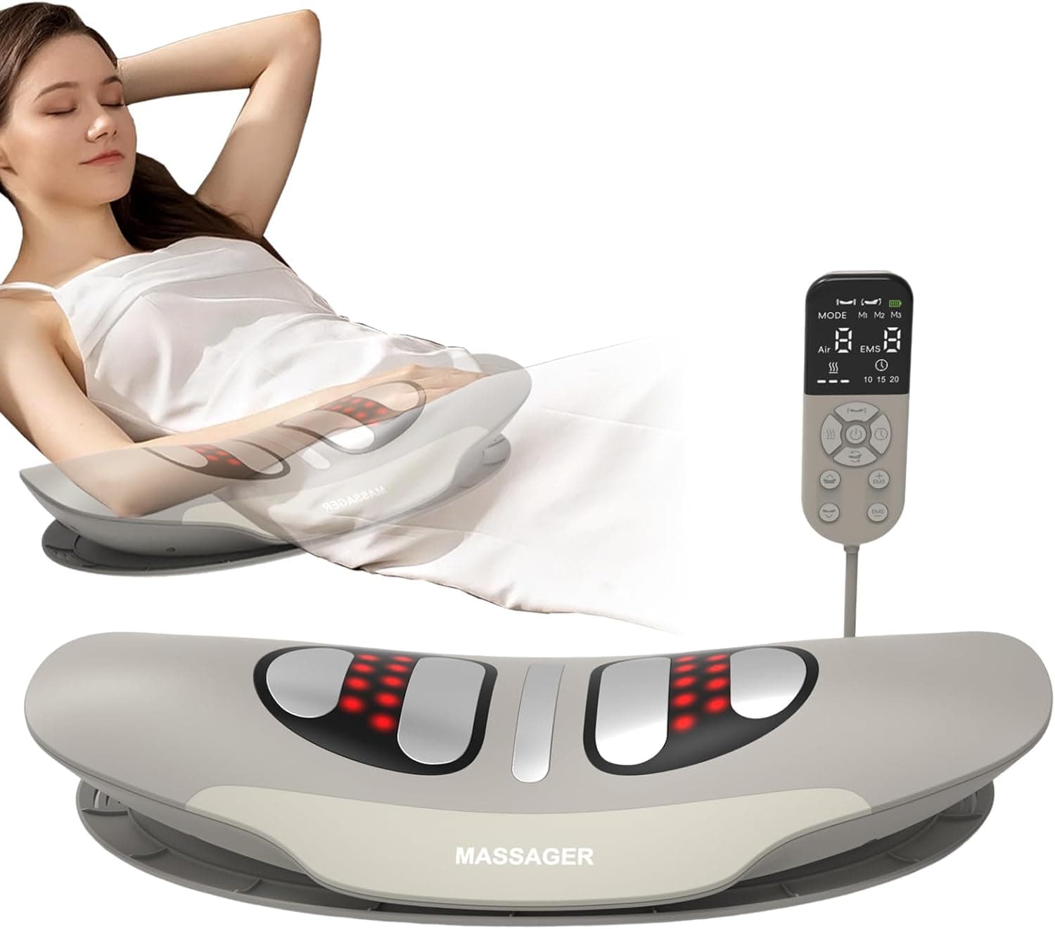 Masajeador de tracción lumbar con calor, vibración, función de curvatura, masajeador de espalda con calor y pulso EMS, masajeador lumbar con vibración, cojín de aire y mando a distancia