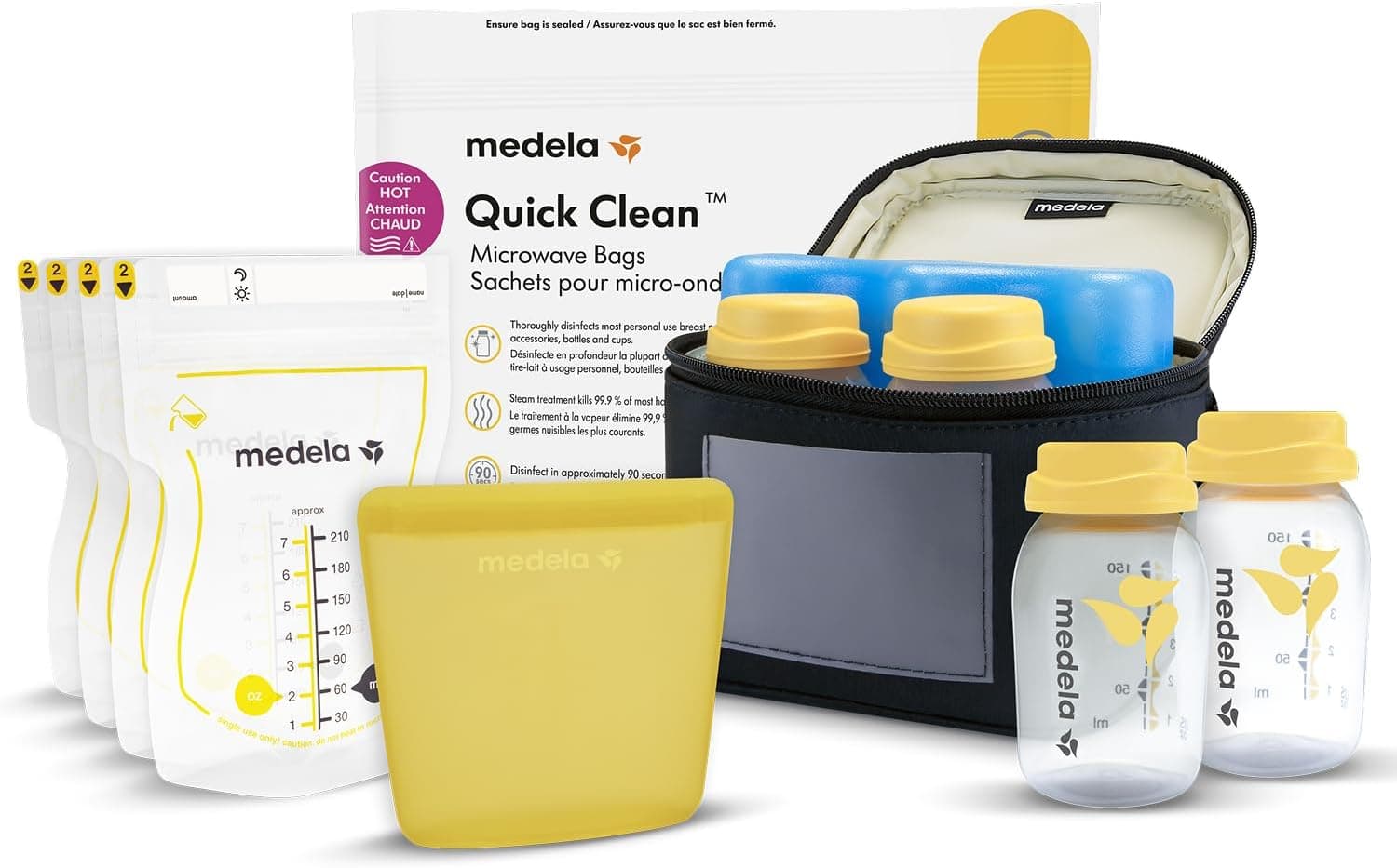 Medela kit todo en uno para almacenamiento de leche materna con biberones de 150 ml, Easy Pour y reutilizables, bolsa para microondas Quick Clean y nevera portátil con placa de refrigeración moldeada