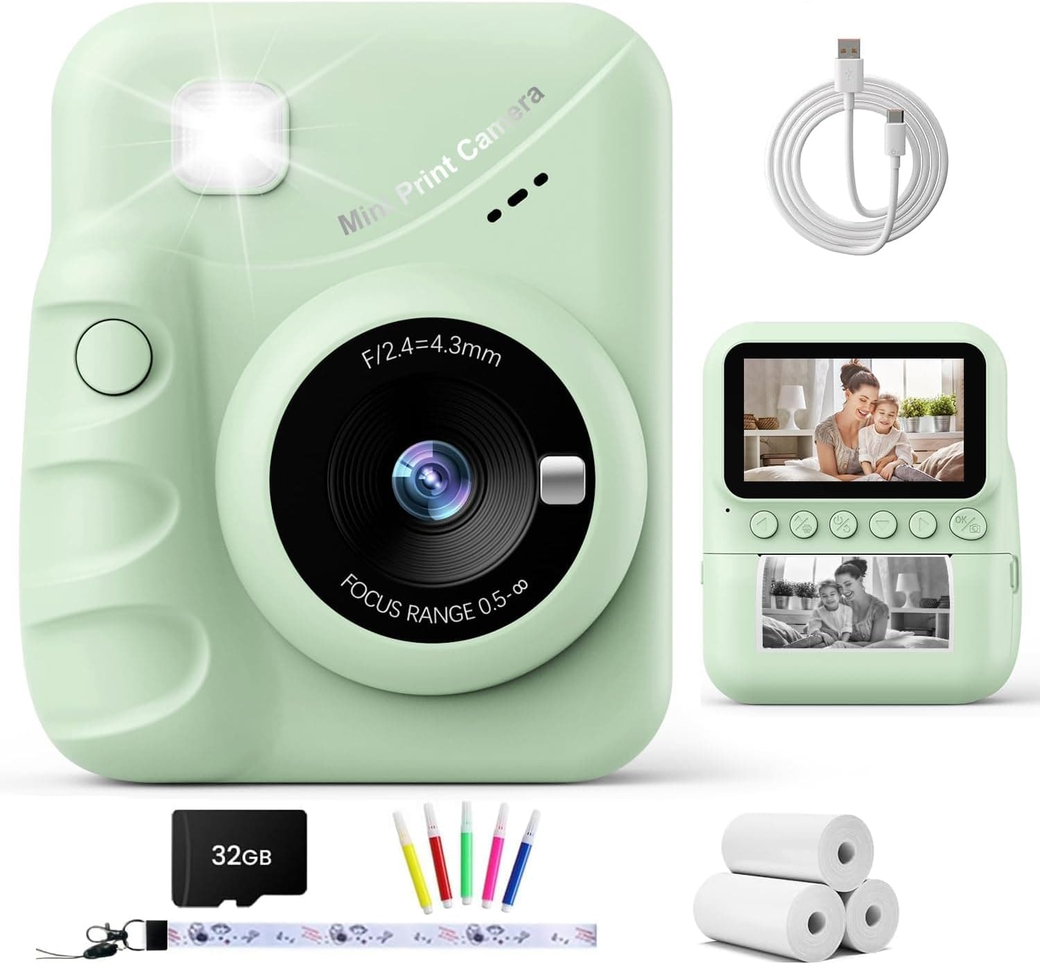 TIATUA Cámara Fotos Infantil Instantánea, 3,0" 48MP Selfie, Verde