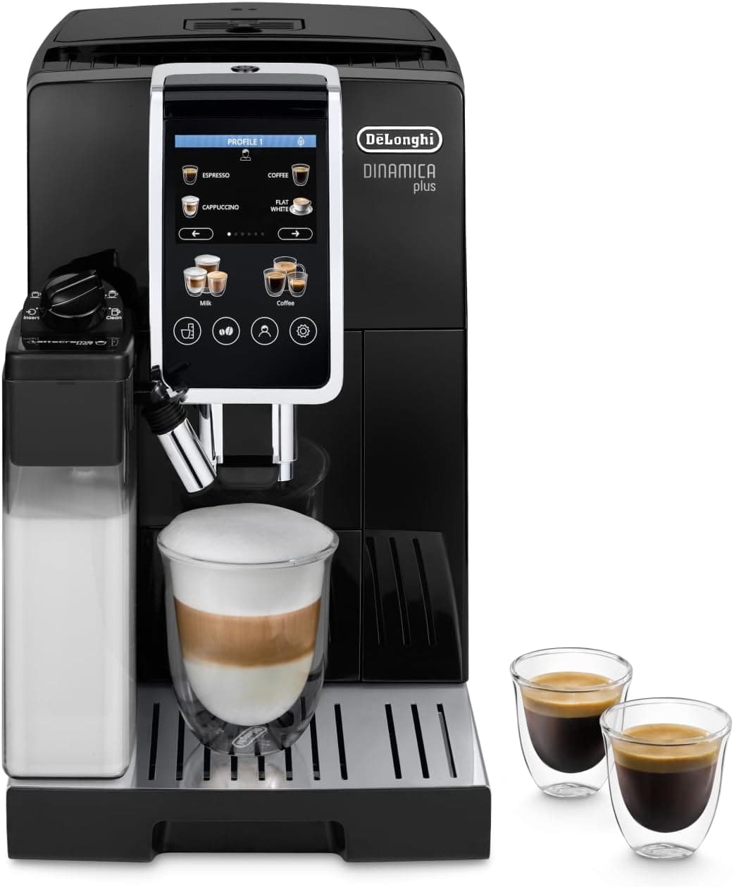 De'Longhi Dinamica Plus ECAM382.70.B, Máquina Automática de Café en Grano, Máquina Cappuccino con LatteCrema Hot, Cafetera Espresso, Taza con 18 Recetas, Pantalla TFT 3,5'', 1450W, Negro