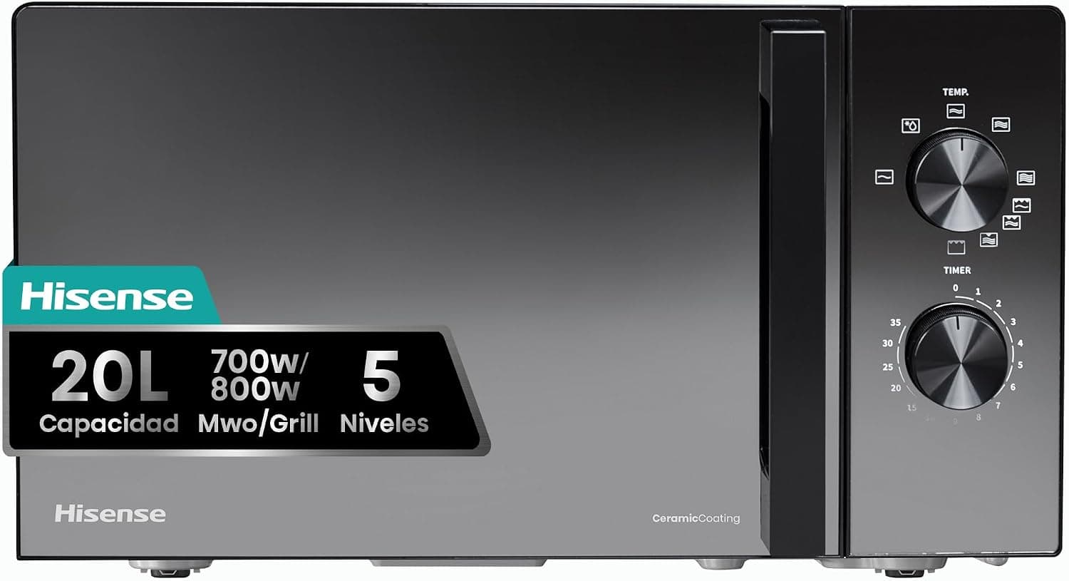 Hisense H20MOMBP1HG - Microondas con Grill 800W, 20L, Alto 32.6cm x Ancho 45.5cm, Color Negro, Potencia del Grill: 800 W, Revestimiento Cerámico, Cristal Premium, 5 Niveles de Potencia