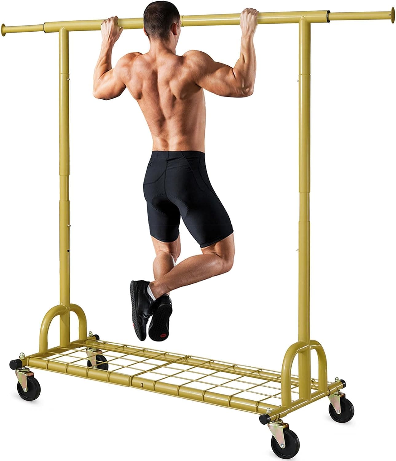 HOKEEPER Burro de Ropa Resistente 238kg, Barra Extensible con Ruedas Bloqueables y Estante, Ahorra Espacio para Dormitorio, Apartamento, Lavandería, Dorado