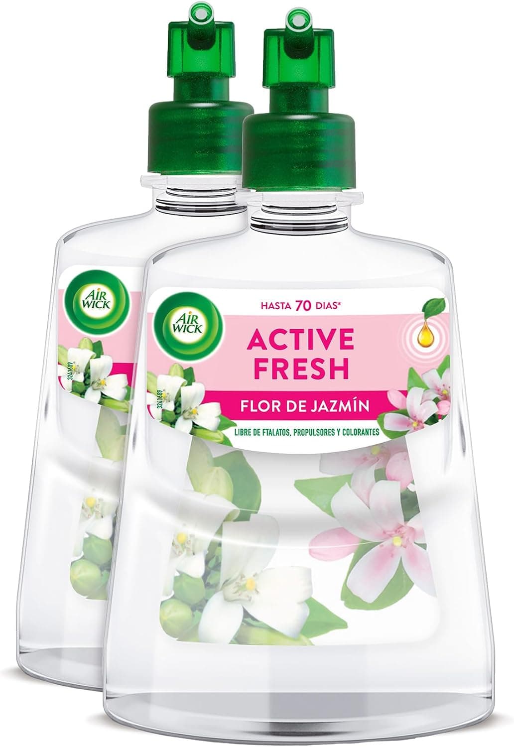 Air Wick Active Fresh Spray Automatico Sin Aerosol - 2 Recambios de ambientador para casa con Flor de Jazmín, 2 veces más aceites esenciales