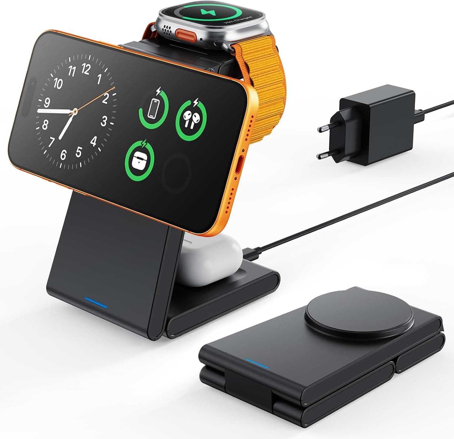 GEEKERA Estación de Carga 3-en-1 para Apple - Base Cargador para iPhone Air/17/16/15/14/13/12 y Apple Watch 11-2, Cargador Compatible con MagSafe para AirPods, Negro Mate