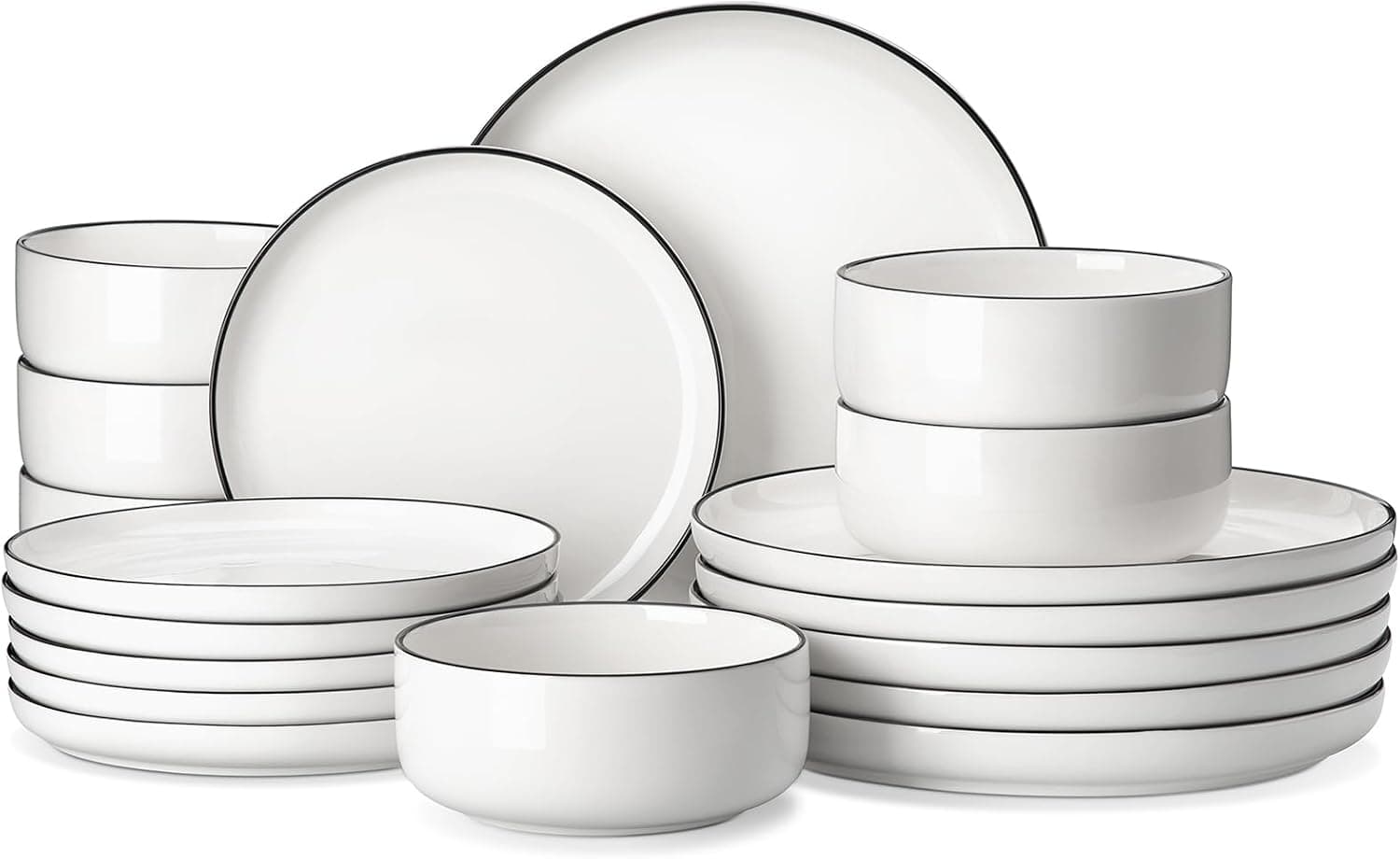MALACASA Vajillas Completas Modernas 36 Piezas, Juegos de Platos con Borde Negro para 6 Personas con 12 Plato/Plato de Postre/Cuencos de Cereales, Apto para Microondas y Lavavajillas, Serie LUNA