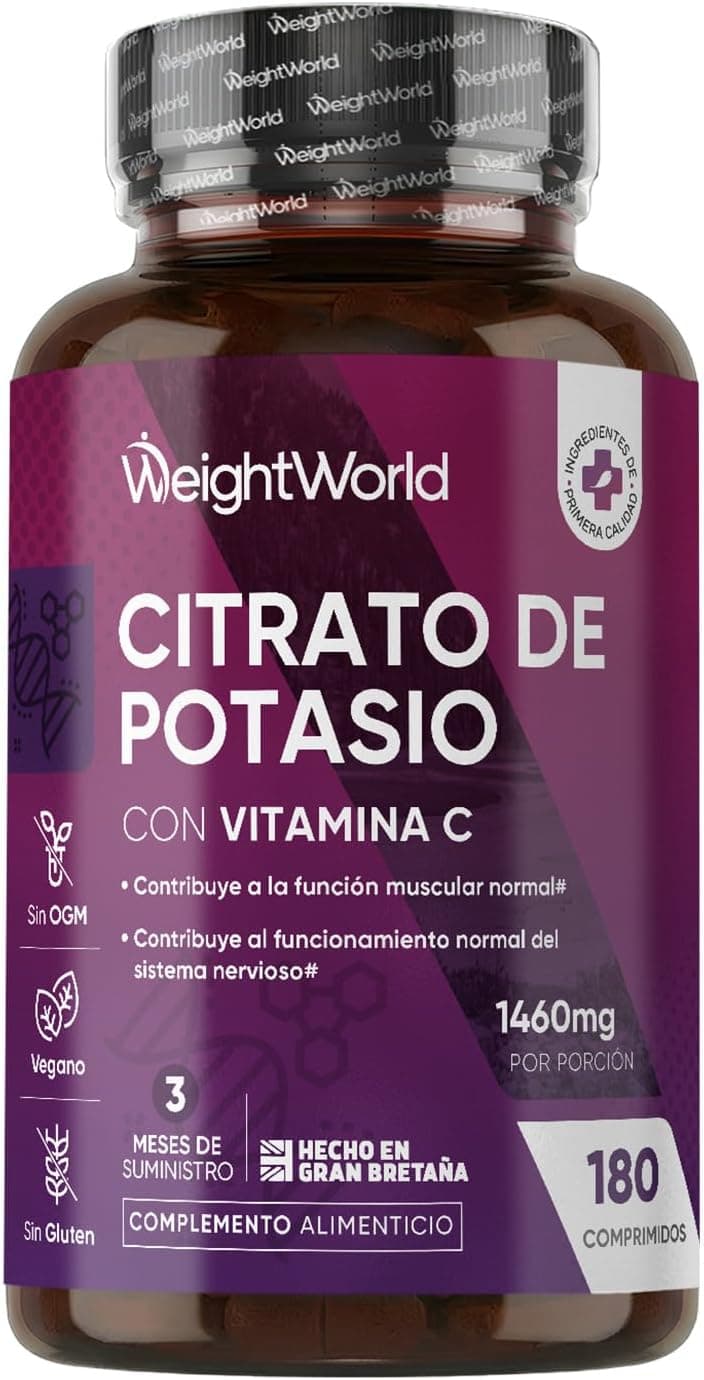 Citrato de Potasio 1460mg, 180 Comprimidos Veganos con Vitamina C, 3 Meses de Suministro - 500mg de Potasio Activo, Contribuye al Funcionamiento Normal de los Músculos (EFSA), Sin Gluten ni OGM
