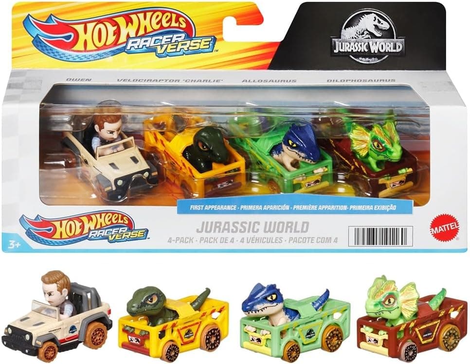 Hot Wheels Racerverse Pack 4 coches de juguete Jurassic World con personaje, incluye Owen y dinosaurios de juguete Charlie, dilofosaurio y alosaurio, +3 años (HKD32)