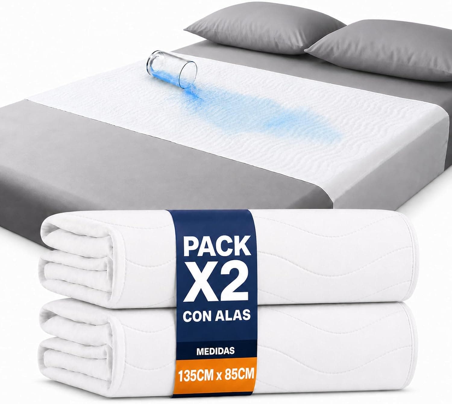 Empapadores Cama Adultos Lavables con Alas 50cm - 135x85cm (Pack 2) - Impermeable, Absorbente - Ideal para Adultos, Niños y Mayores, para Camas 135cm