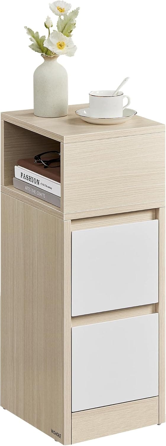 VASAGLE Mesita de Noche Estrecha, 2 Cajones y Compartimento Abierto