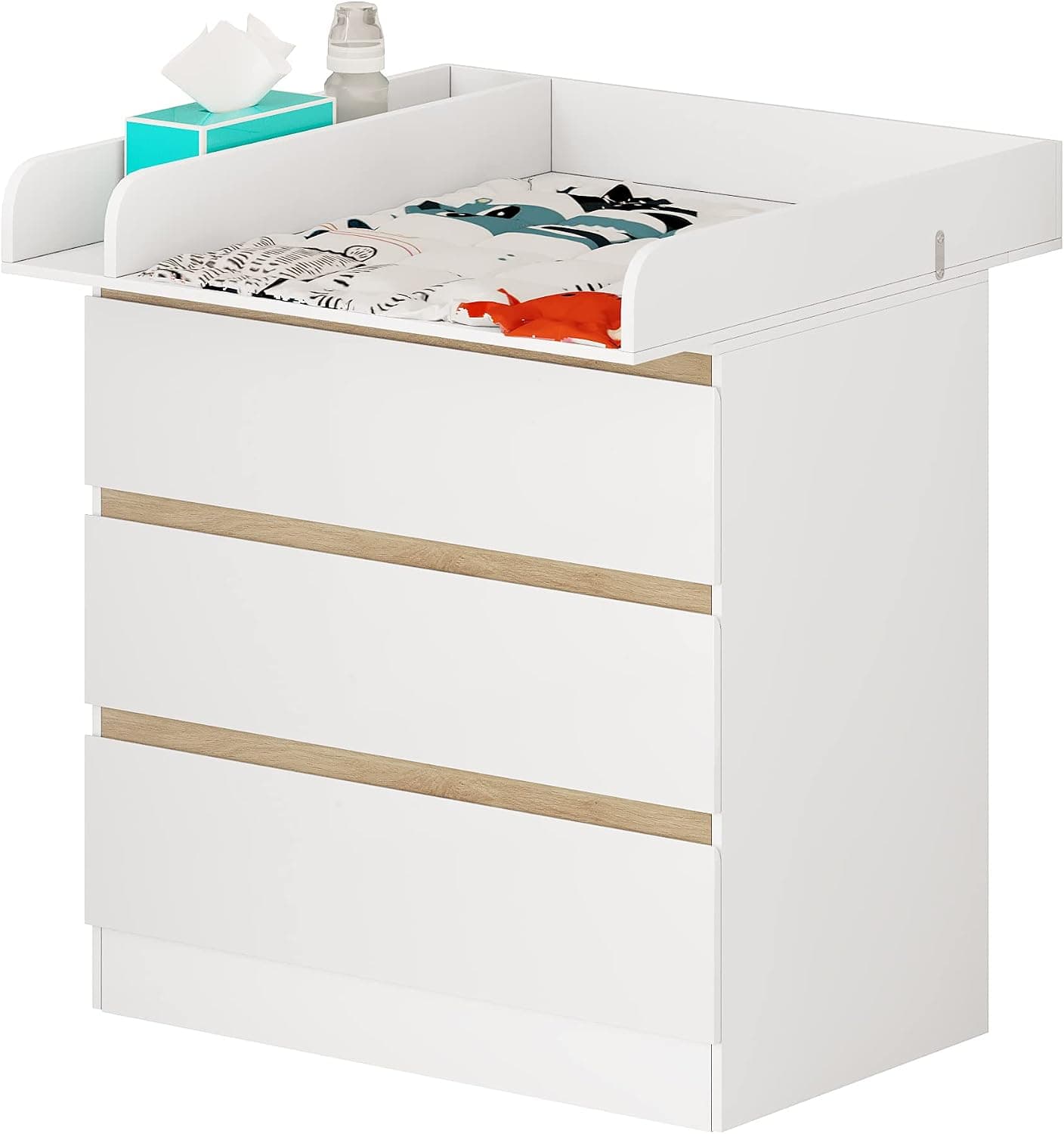 WOLTU Mueble Cambiador para Bebé, Cómoda con 3 Cajones, Cambiador Bebé 80x74,5 cm, Dividido en 2 Zonas, Cajonera de 48x80x78 cm, Blanco+Roble Claro