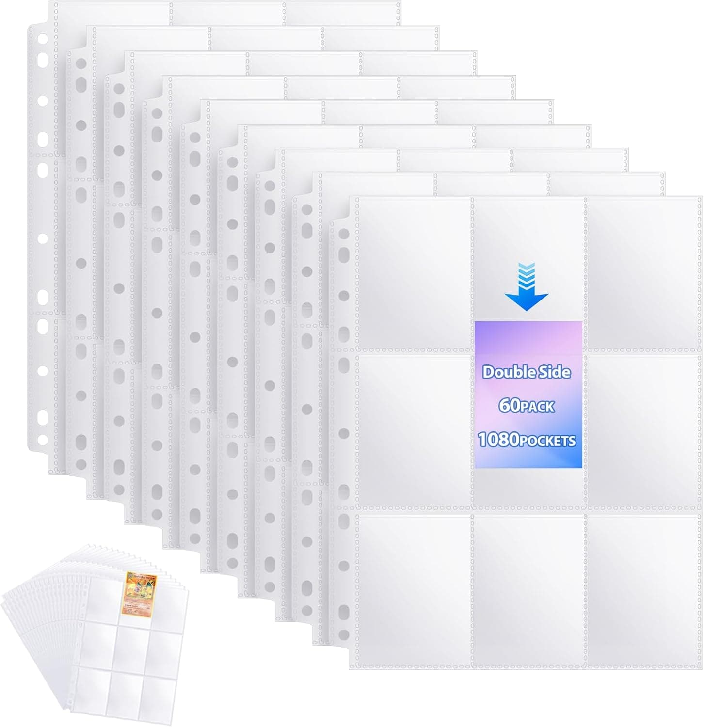 60 Fundas para Cartas Poké-mon Doble Cara - 480 Bolsillos Transparentes - Protectoras Laterales PVC para Cartas de Colección - Compatible con Carpeta de Anillas - Fotocartas, Juegos de Cartas (1080)
