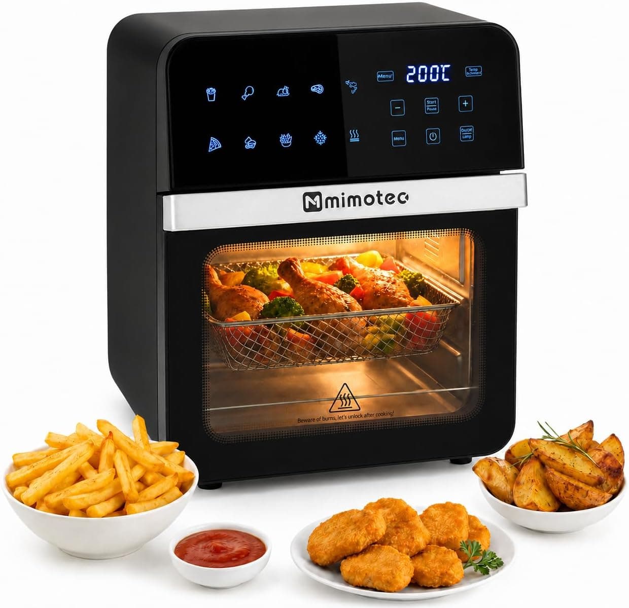 M mimotec – Air Fryer Vera Touch 10L, Freidora de Aire sin Aceite, 1800W, 10 Menús Digitales, Pantalla Táctil, Función Grill, Temporizador regulable, 2 niveles, Temperatura 80-200°C, Cocina Saludable