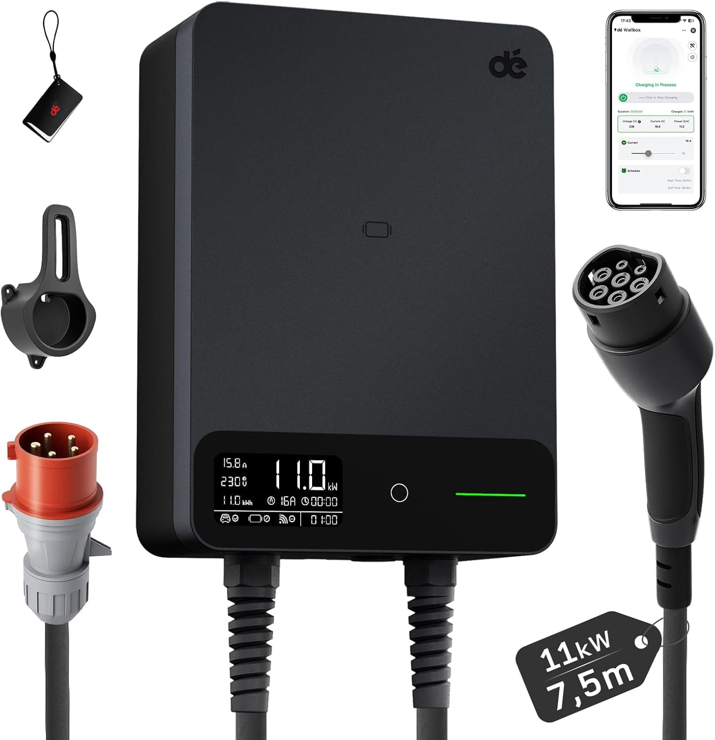 dé Estación de Carga Coche Electrico 11kW App [6-16A, Trifásico] Wallbox 11kW con Cable Tipo 2 7,5 m, RFID, Estación de Carga con RCD Tipo-A AC+DC y Protección ip54 para Model Y/3 y Otros BEV/PHEV