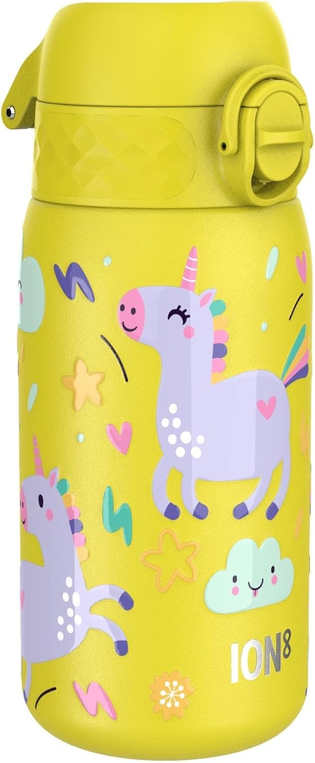 ion8 Botella Agua Inox Ligero para Niños, 400ml, Sin Aislamiento, a Prueba de Fugas, Fácil de Abrir, Cerradura Segura, Apta para Lavavajillas, Tapa Abatible, Fácil de Limpiar, Unicornios, Amarillo