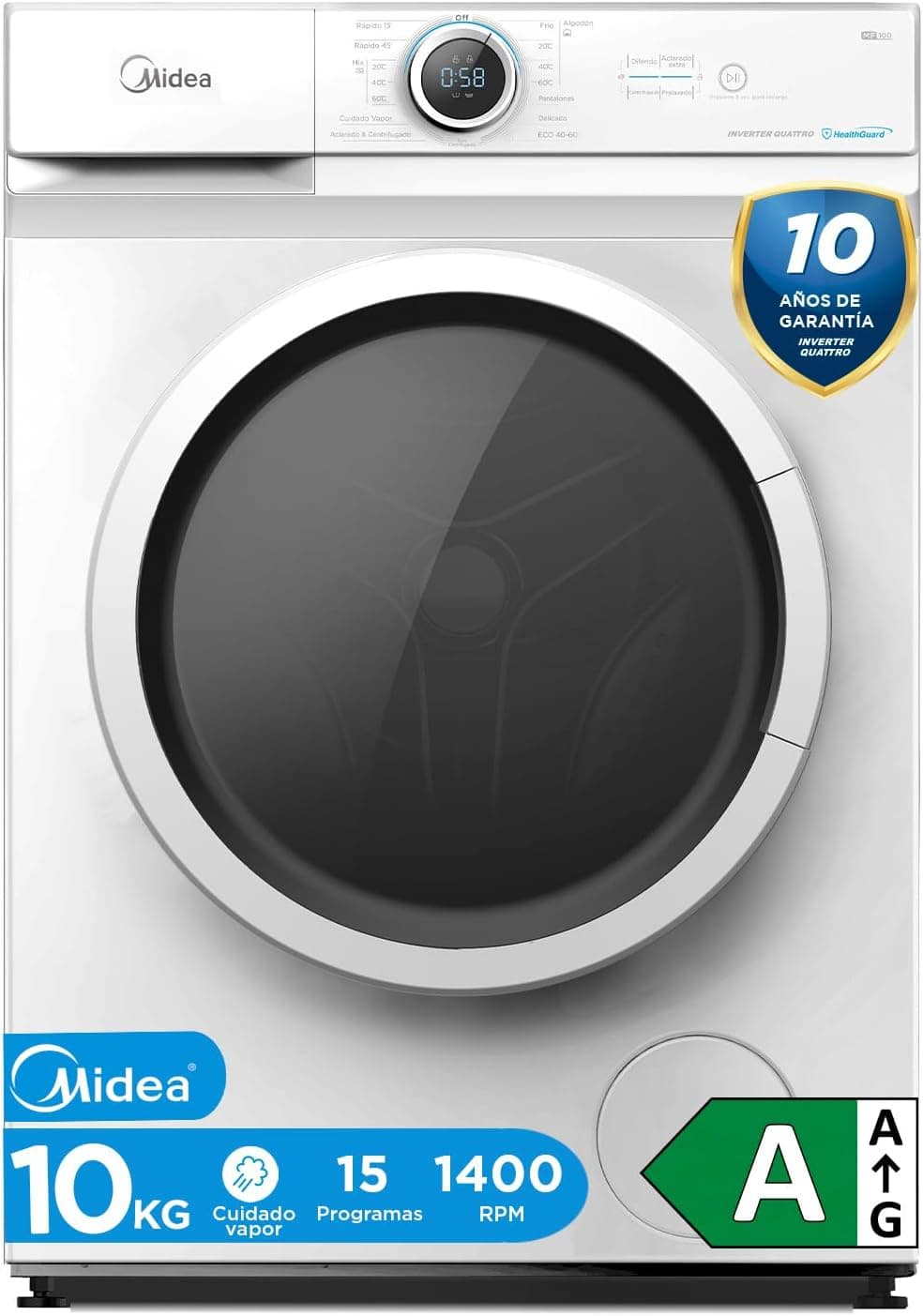 Midea Lavadora 10kg Carga Frontal 1950W, 1400 rpm con Motor Inverter - Lavadoras con 15 Programas y Tecnología Healthguard - Washing Machine Bajo Consumo, Lavado Rápido, Función Vapor y Modo Eco