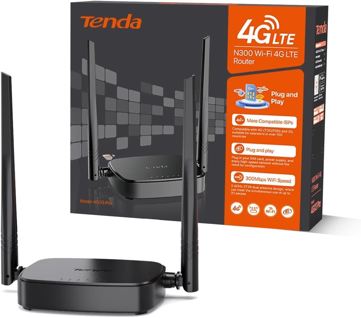 Tenda Router 4G SIM (4G03 Pro), WiFi Móvil 3G/4G, Banda Inalámbrica 2.4 GHz WiFi 300Mpbs, LTE CAT4 150Mpbs, Antena Externa 2x4dBi, Puerto LAN/WAN Fast Ethernet, Tarjeta Nano SIM, Plug and Play