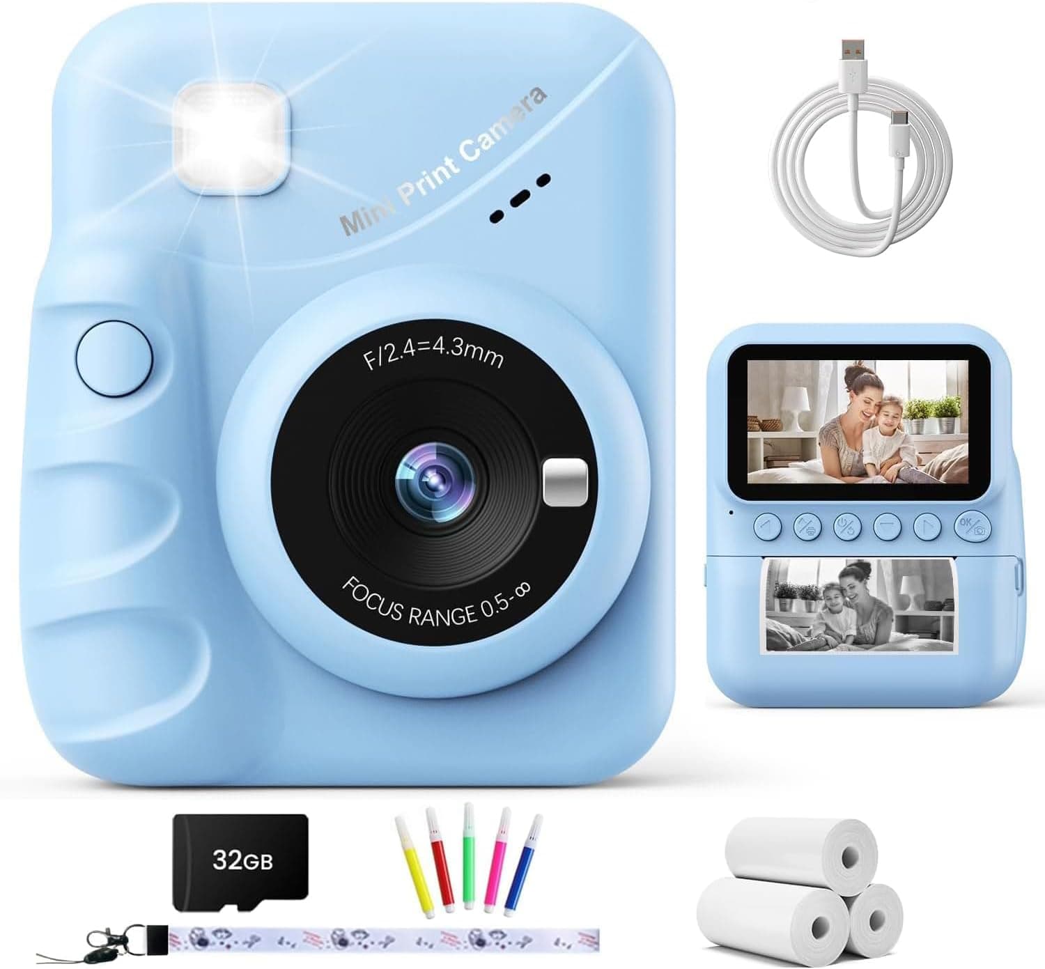 TIATUA Cámara Fotos Infantil Instantánea, 3,0" 48MP Selfie, Azul