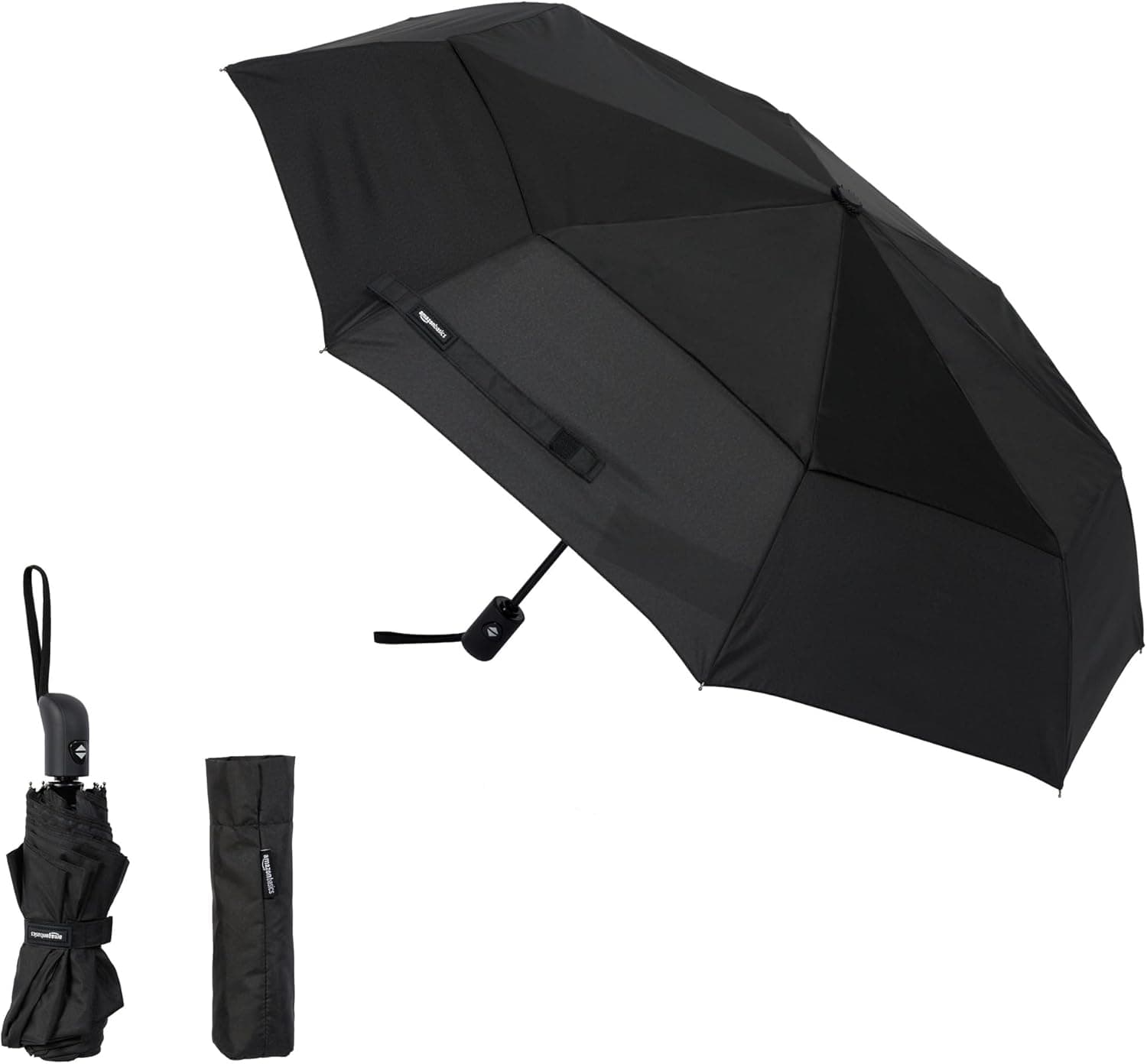 Amazon Basics Paraguas compacto de viaje automático, resistente al viento, con sistema de ventilación antiviento, Redonda, Negro, tamaño único, 28 x 98 cm