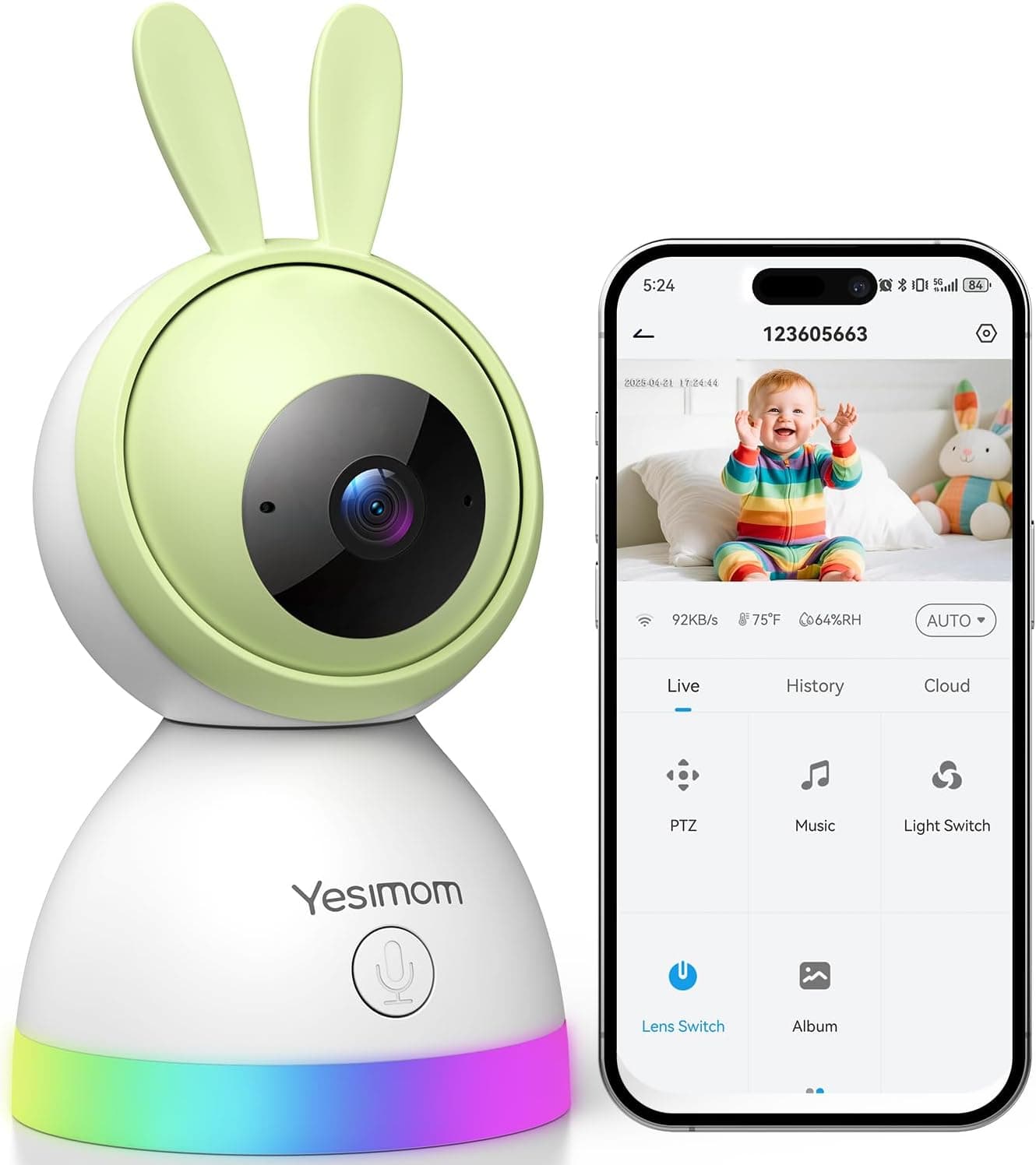 Camara Vigilancia Bebe 1080P con App: Luz Nocturna Color y 360°PTZ