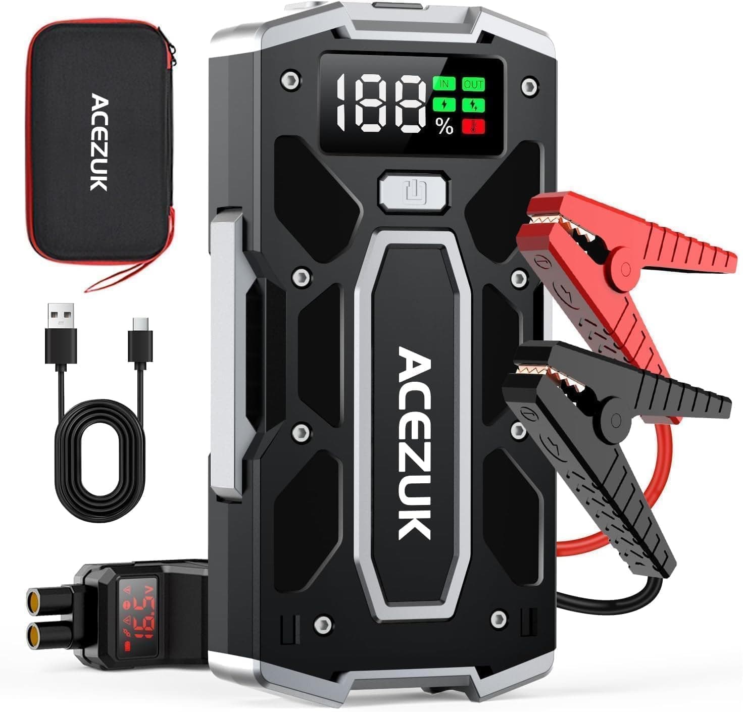 ACEZUK Arrancador de Coches 10000A, Arrancadores de Bateria de Coche Portátil(hasta 8.0L de diésel o 10.0L de Gasolina), 12V Jump Starter, Pinzas Inteligentes con Pantalla, Luz LED, Puerto QC3.0