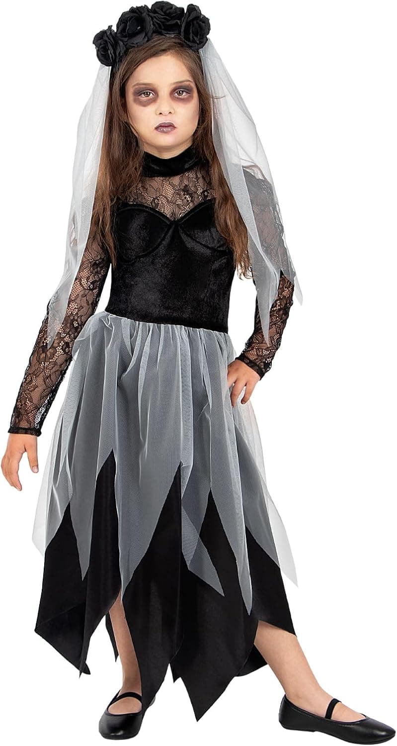 Funidelia Disfraz de novia fantasma para niña, Incluye vestido y diadema con flores y velo Zombie - Traje para niños para fiestas, Carnaval y Halloween - Talla 10-12 años