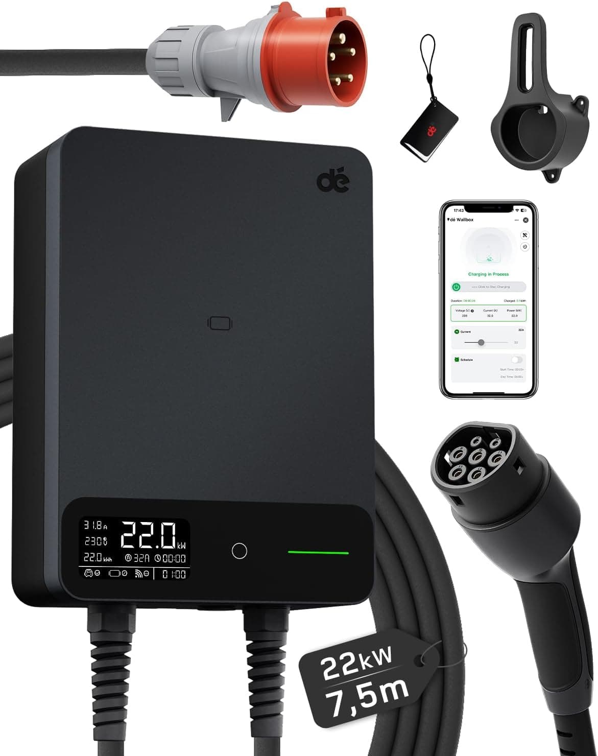 dé Wallbox 22kW App 7,5m Tipo 2, Cargador Trifasico Coche Electrico RFID