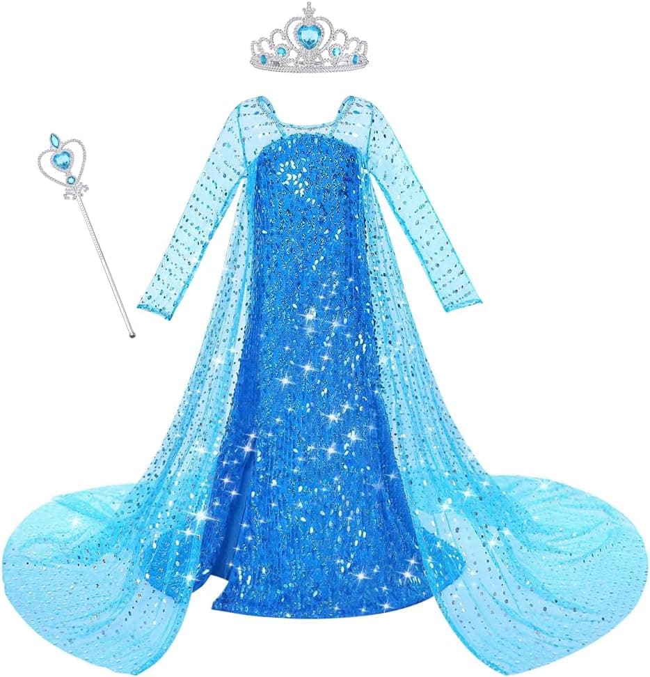 ACWOO Disfraz, Disfraz de Princesa Niña con Accesorios de Corona y Varita, Vestidos Princesa con Lentejuelas Lujosa, Disfraz niña Halloween Cosplay Cumpleaño Carnaval Fiesta