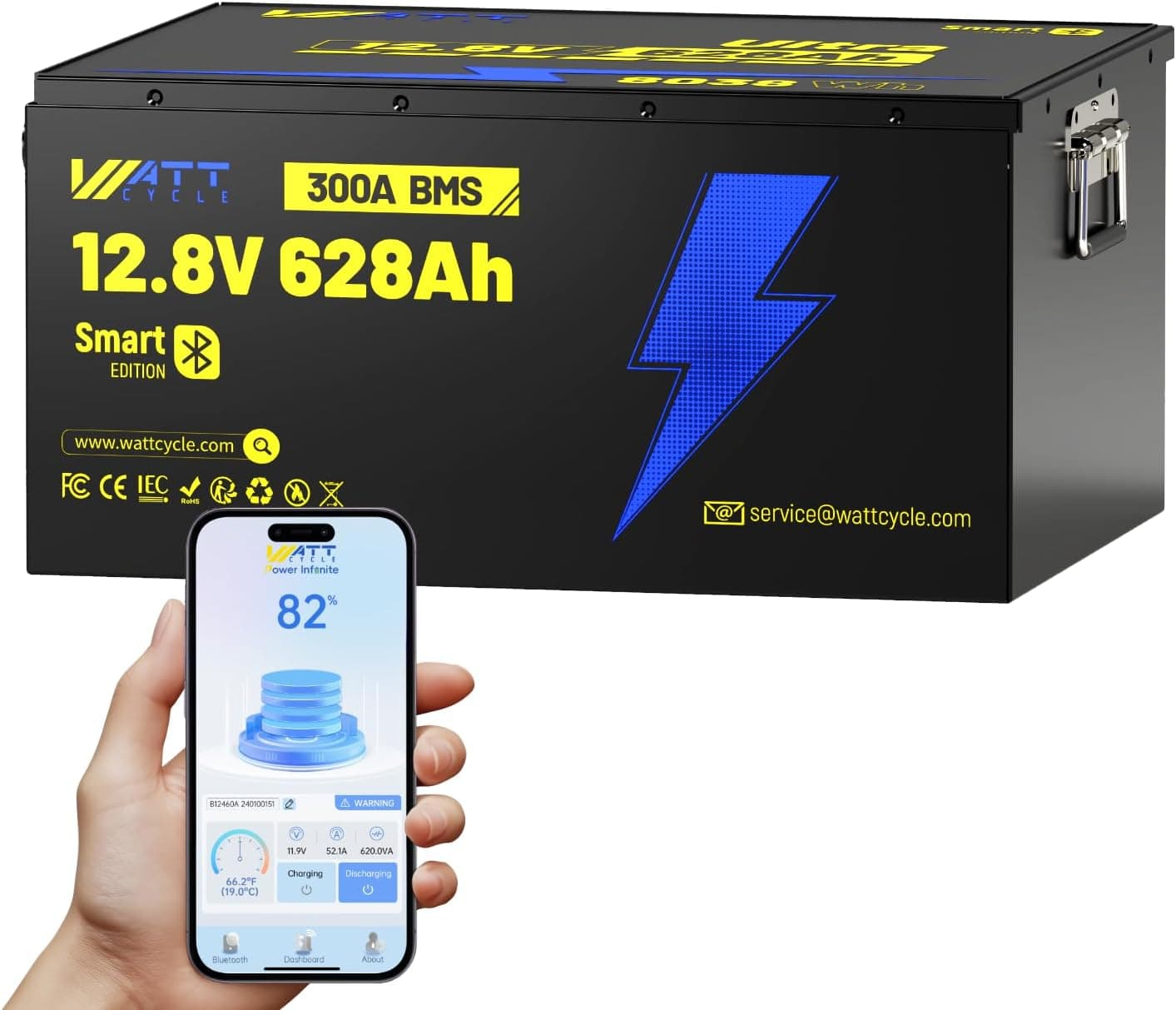Batería LiFePO4 12V 628Ah Ultra con Bluetooth 5.0, 8038Wh Energía de Litio, BMS de 300A, +15000 Ciclos, Carcasa Metálica Desmontable (70kg), Estructura Antihinchazón, IP65 para Solar, RV, Náutica