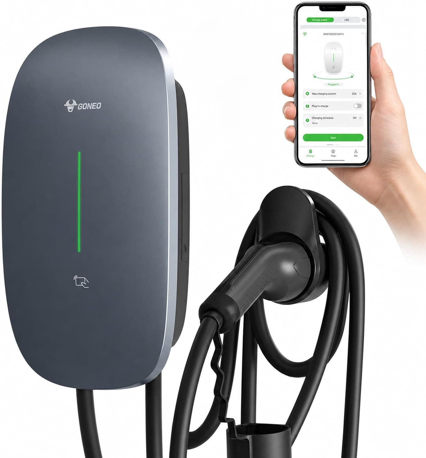 GONEO Wallbox 11kW Cargador Coche Electrico con App, Cable Tipo 2 de 7M, (16A,400V) RFID, IK10, IP65, con RCD Tipo A 30 mA CA + 6 mA DC