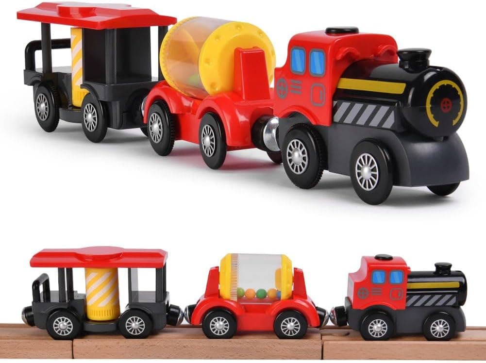 HOTUT Tren Eléctrico de Juguete para Niños, Tren de Locomotora de Acción, Juguete de Riel de Locomotora de Ferrocarril Magnético, Conexión Magnética, Compatible con Vías de Madera
