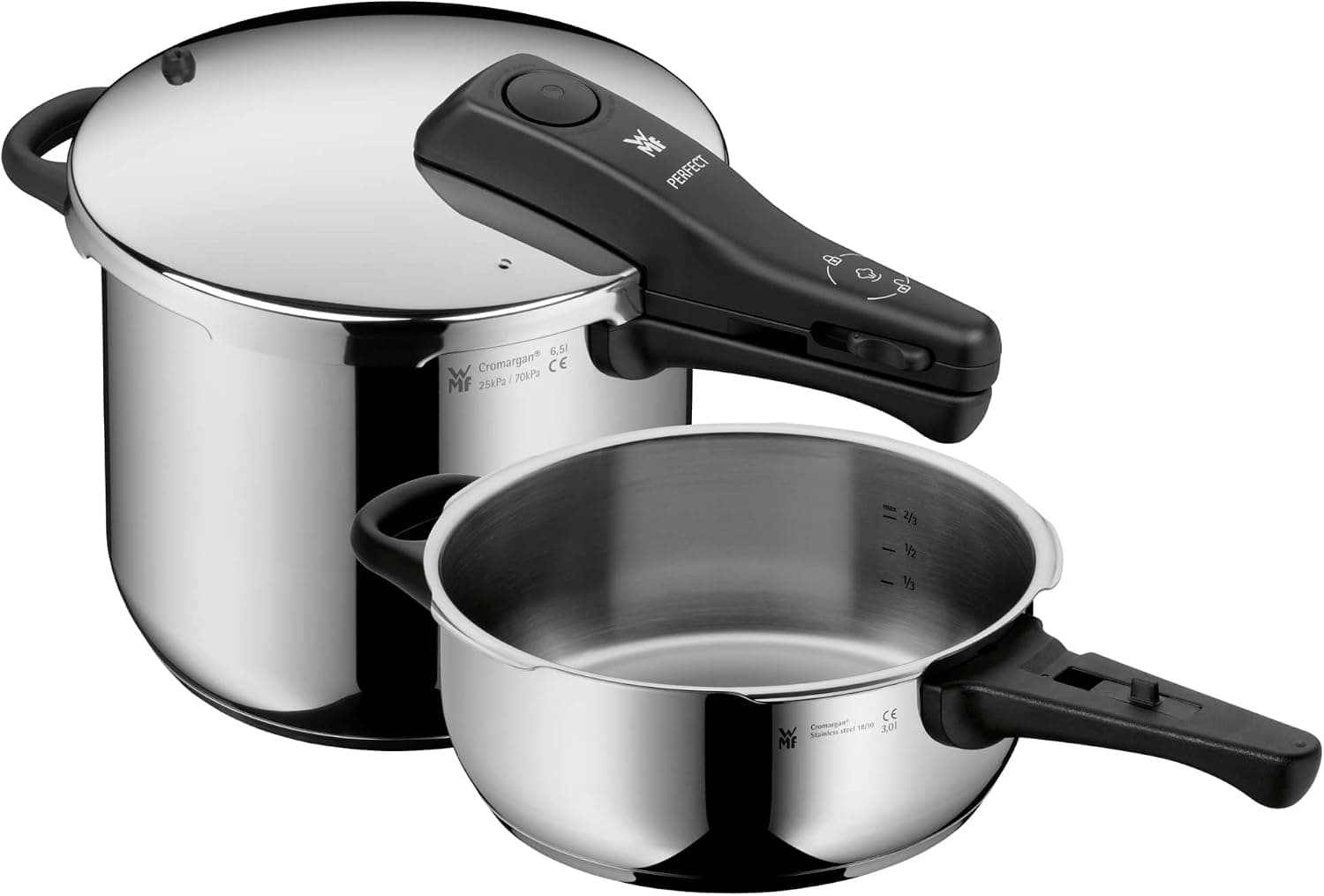 WMF Perfect - Set con Olla Rápida Ø 22 cm de Diámetro de 6 Litros y Medio + cuerpo de 3L, Con Protección Contra Llamas, Acero Inoxidable Cromargan Apta para Inducción
