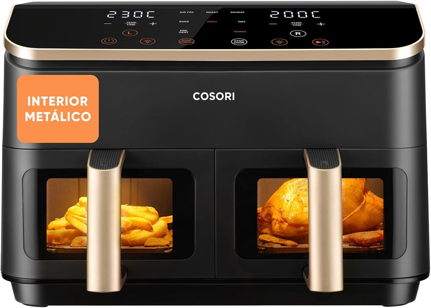 Cosori Freidora de Aire 8,5L, Doble Cesta con Ventana, 10 Funciones, Oro
