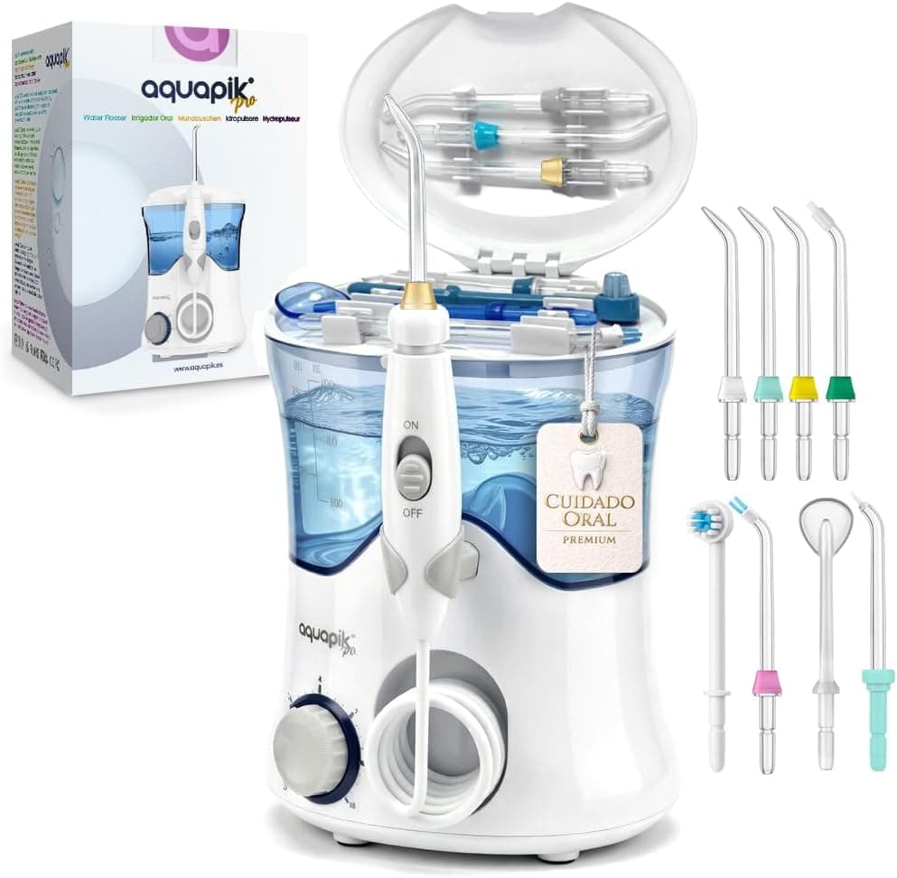 Irrigador Dental Aquapik PRO 600 ml 10 Niveles 8 Boquillas 360° Blanco